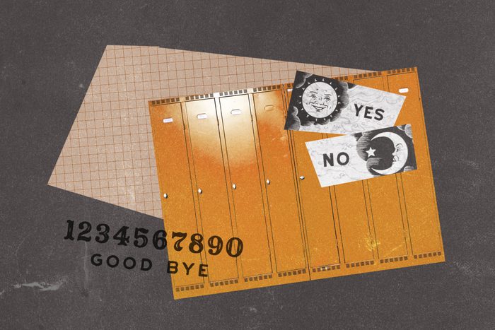 Ouija board numbers collaged with "yes" and "no" options and school lockers