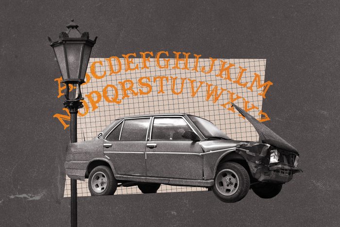 Ouija letters collaged with crashed car and lightest