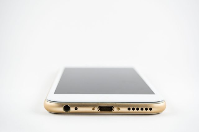 Speaker, lighting connector, bottom microphone of smart phone isolated on white
