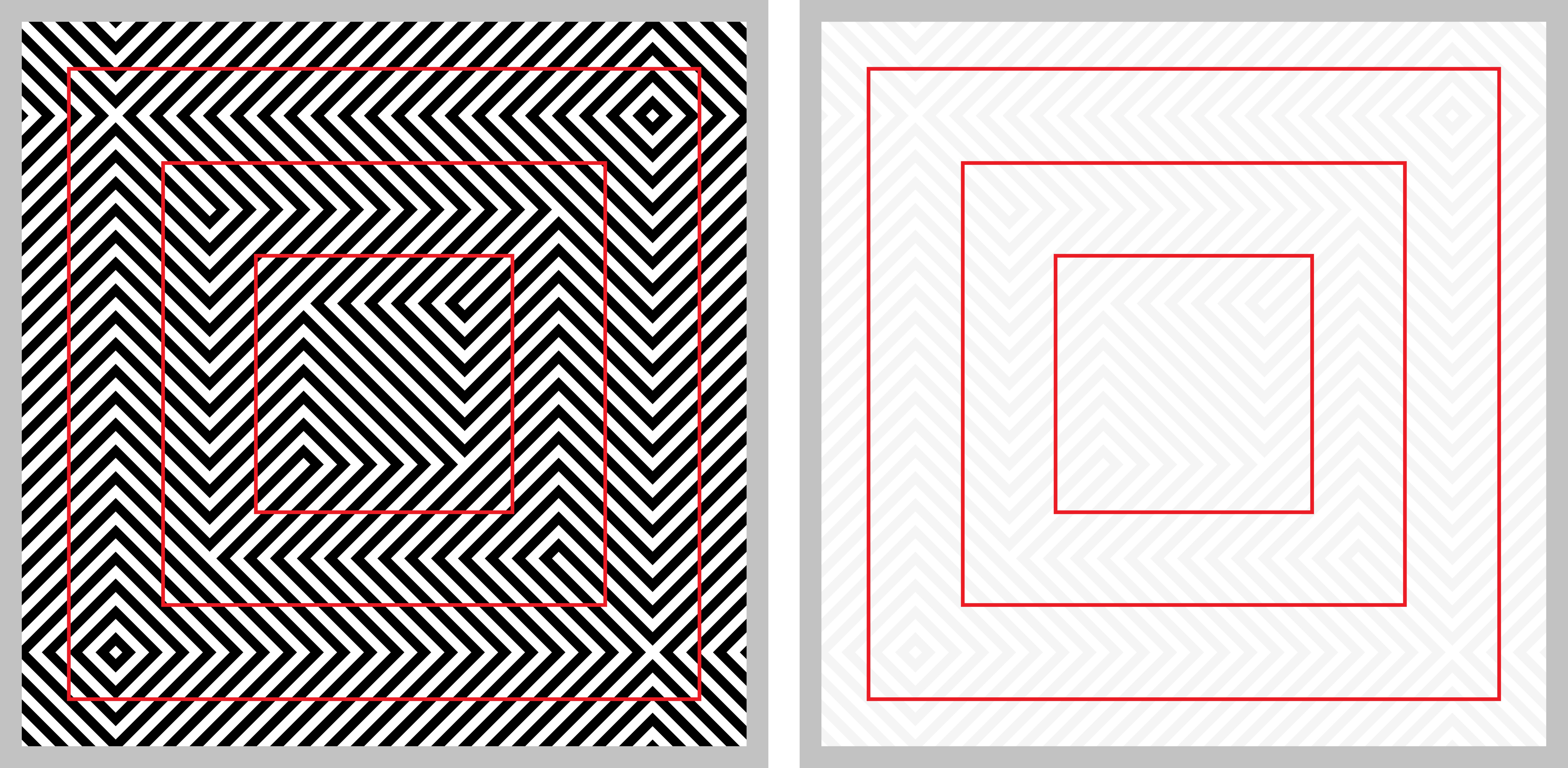 Optical illusion - red squares look distorted - with explanation on the right