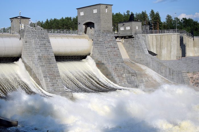 Imatra hydroelectric powerplant dam sluice open. Imatra rapid (Imatrankoski in Finnish) is famous tourist attraction and during the summer there are daily shows, when dam is opened. 