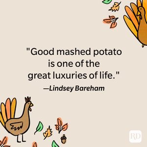 Funny Thanksgiving quote from Lindsey Bareham against background with turkeys