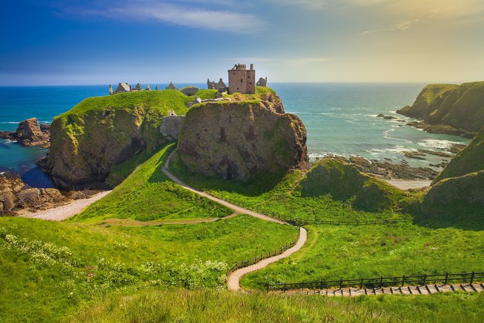 Medieval fortress Dunnottar Castle is a ruined medieval cliff-top fortress dating to the fourteenth century. Aberdeenshire, Stonehaven on the Northeast of Scotland, UK