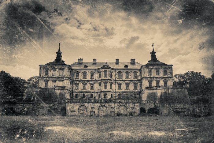 Pidhirtsi Castle, village Podgortsy, Renaissance Palace, Lviv region, Ukraine. Retro stylized photo in black and white colors