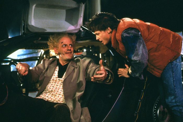 Editorial use only. No book cover usage. Mandatory Credit: Photo by Amblin Entertainment/Universal Pictures/Kobal/Shutterstock (5886092ab) Christopher Lloyd, Michael J. Fox Back To The Future - 1985 Director: Robert Zemeckis Amblin Entertainment/Universal Pictures USA Scene Still Scifi Retour vers le futur