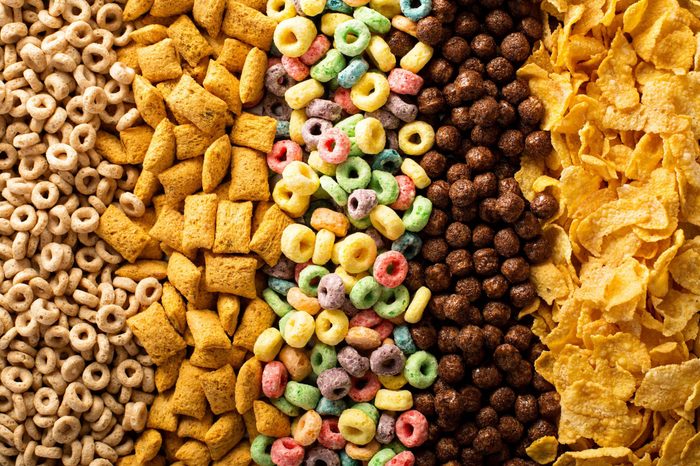 Variety of cold cereals, quick breakfast for kids overhead shot