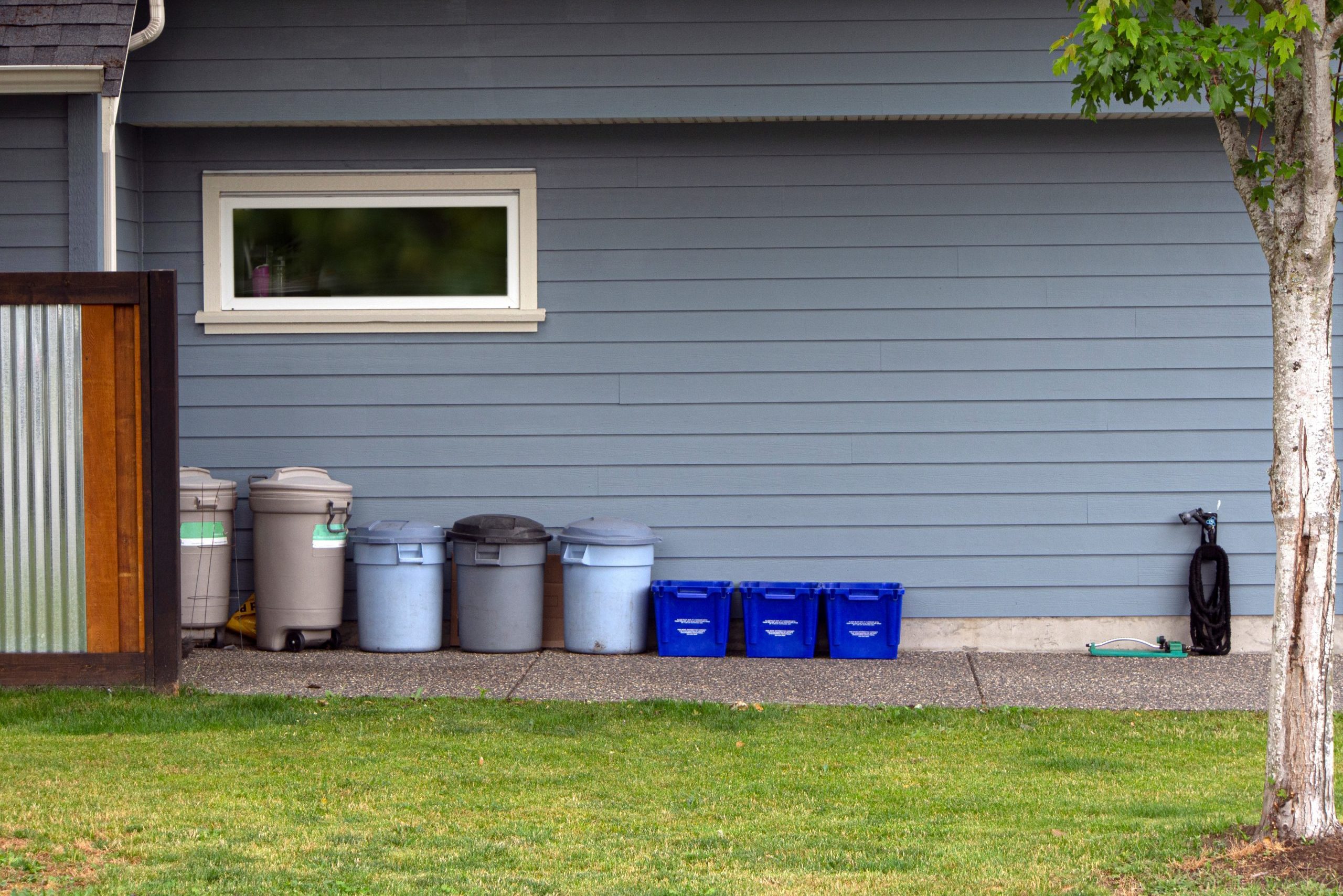 street scene, garbage cans and recycling tubs at side of blue house