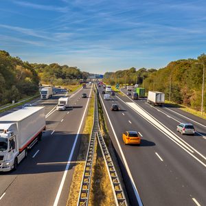 Afternoon motor Traffic on the A12 Motorway seen from above. This is one of the Bussiest highways in the Netherlands