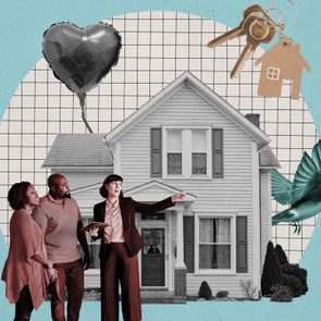 Collage of realtor, house, balloon, keys, and bird.