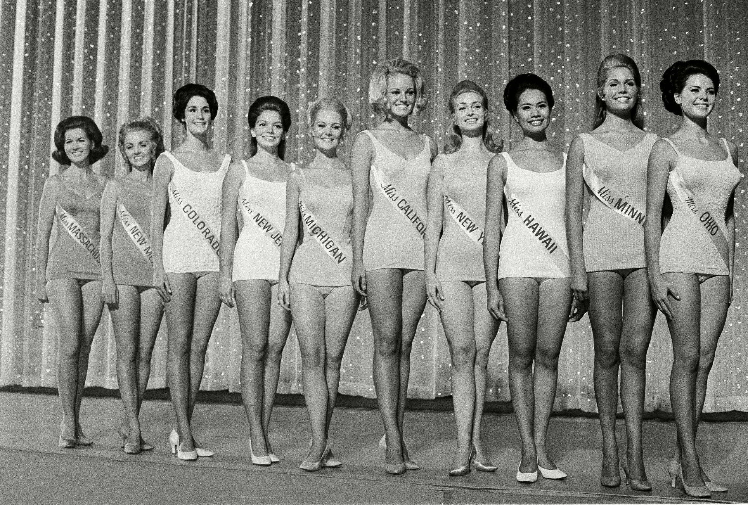 Mandatory Credit: Photo by Bill Achatz/AP/Shutterstock (6639187f) Pamela Anne Eldred, Susan Ellen Anton, Judith Mendenhall, Cheryl Carter, Kathy Baumann, Georgia Hossfeld, Pat Brummett, Adria Easton, Linda Trybus; Sheryl Akaka Ten semi-finalists of the Miss America pageant pose in their swimsuits in Atlantic City, N.J., . From left to right: Miss Massachusetts, Georgia Hossfeld; Miss New Mexico, Pat Brummett; Miss Colorado, Adria Easton; Miss New Jersey, Cheryl Carter; Miss Michigan, Pamela Eldred; Miss California, Susan Anton; Miss New York, Linda Trybus; Miss Hawaii, Sheryl Akaka; Miss Minnesota, Judy Mendenhall; Miss Ohio, Kathy Baumann Miss America Pageant, Atlantic City, USA