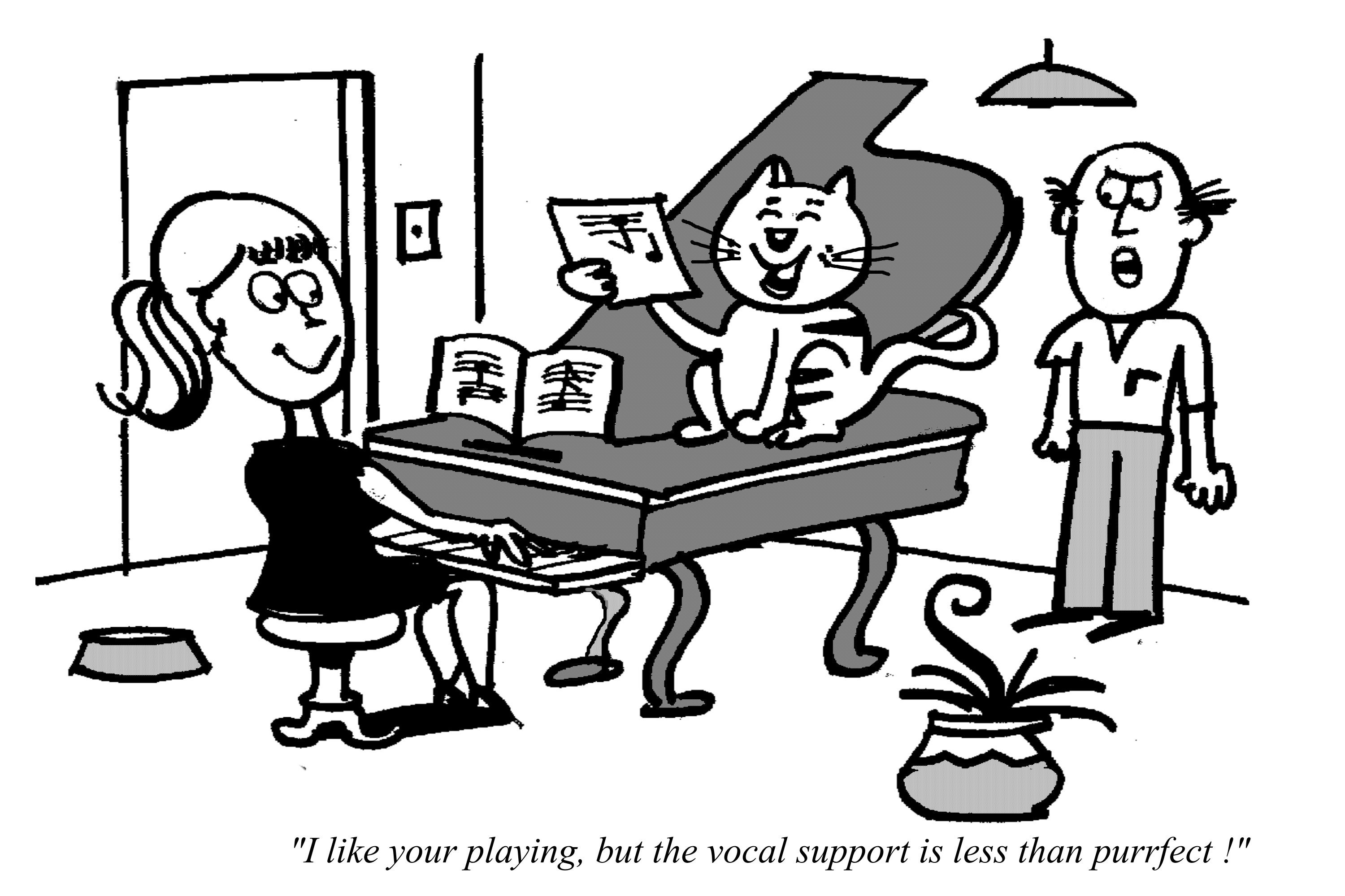 Cartoon of happy cat singing along with woman playing piano