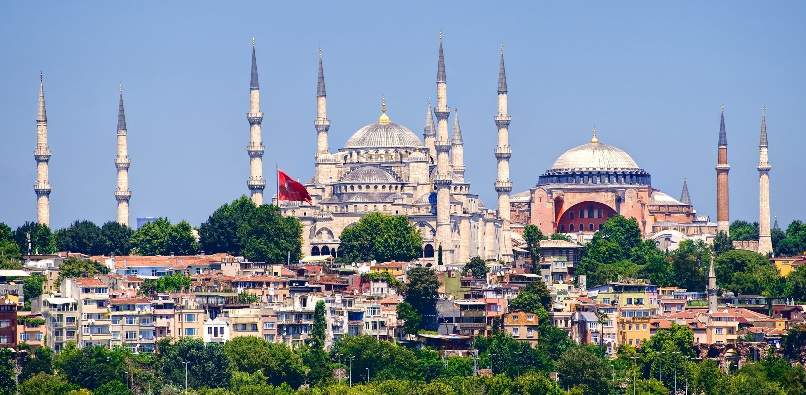 View to Blue Mosque and Hagia Sophia cathedral in Istanbul from Marmara Sea