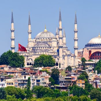 View to Blue Mosque and Hagia Sophia cathedral in Istanbul from Marmara Sea