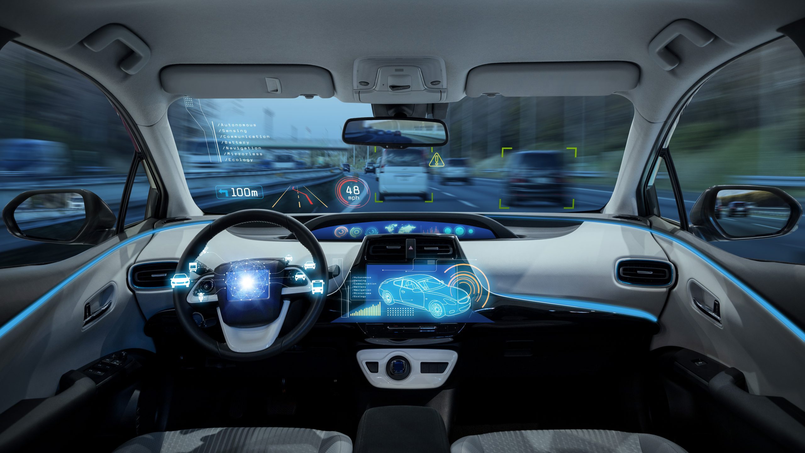 empty cockpit of vehicle, HUD(Head Up Display) and digital speedometer. autonomous car. driverless car. self-driving vehicle.