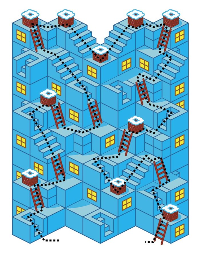 Christmas or New Year themed 3d maze game with stairs, ladders and Santa delivering presents through the chimneys. Answer included.