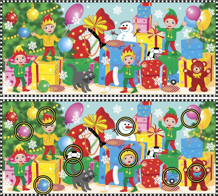 Christmas or New Year visual puzzle: Find the ten differences between the two pictures of elves waiting for Santa to show their work done. Answer included.