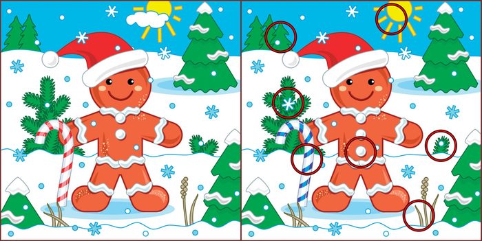 New Year or Christmas visual puzzle: Find the seven differences between the two pictures with ginger man. Answer included.