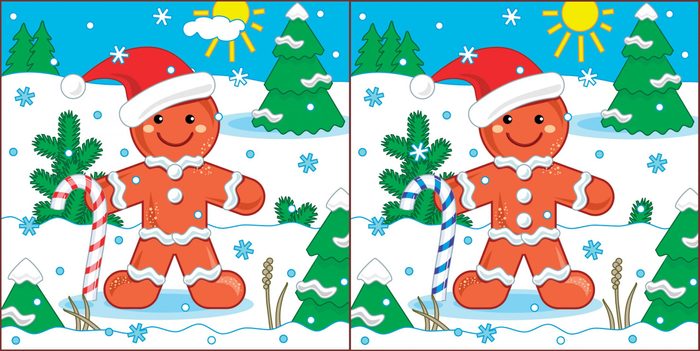 New Year or Christmas visual puzzle: Find the seven differences between the two pictures with ginger man. Answer included.