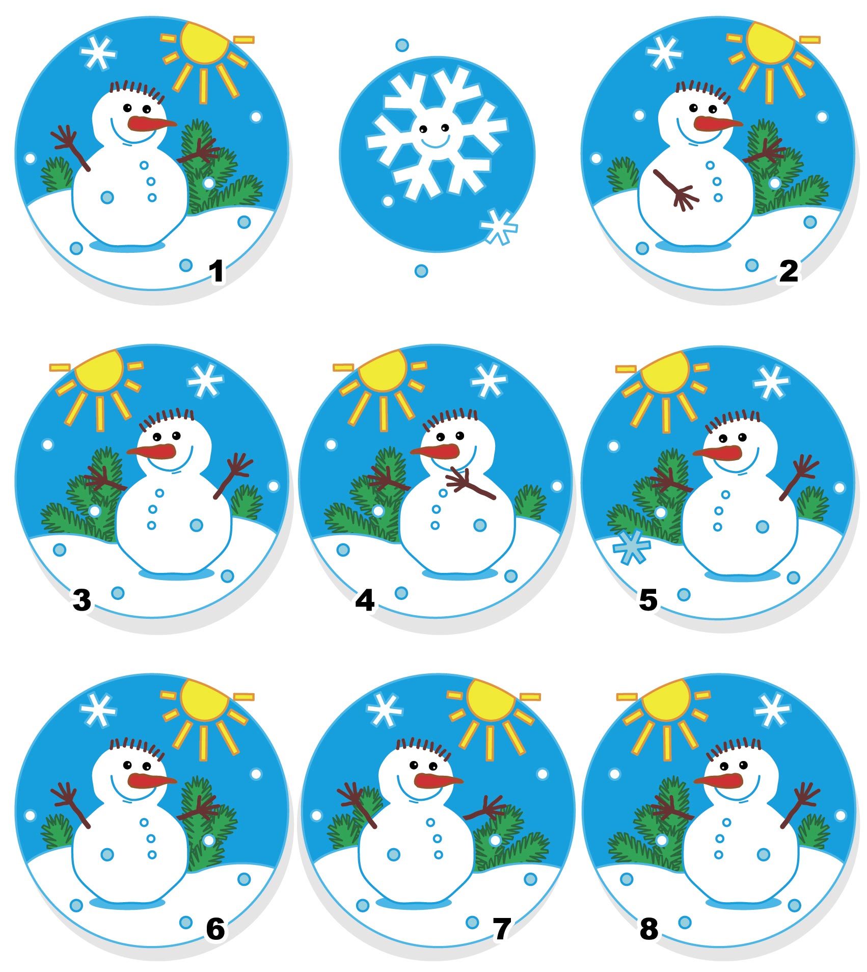 Winter, Christmas or New Year themed visual puzzle with snowmen: Can you spot the two identical pictures? Answer included.