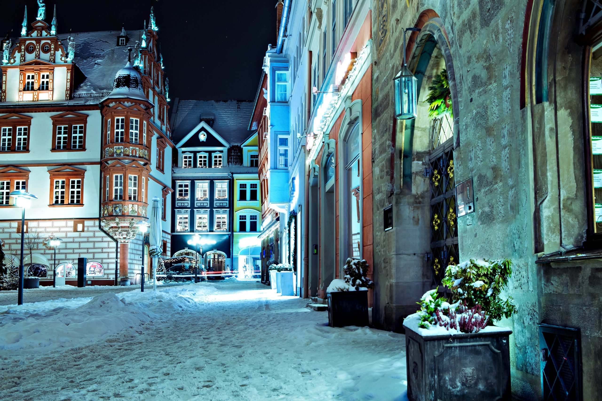 Night scenes of wintry Coburg in Bavaria, Germany