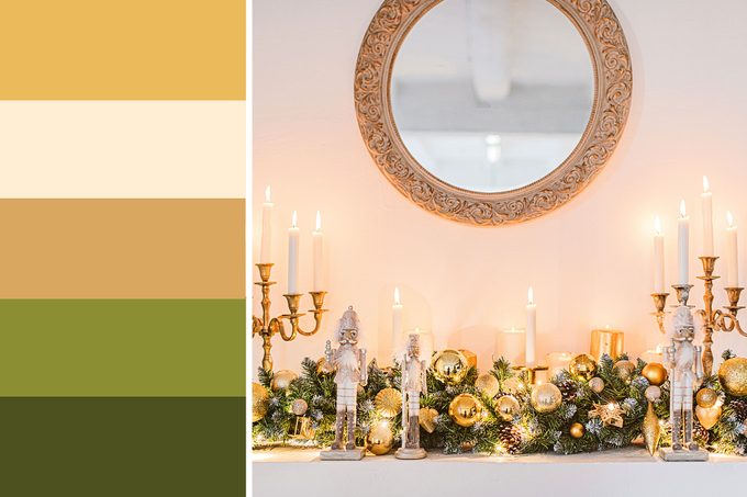 gold christmas decorations, garland and nutcrackers, on a mantle shelf next to a christmas color palatte inspired by the image