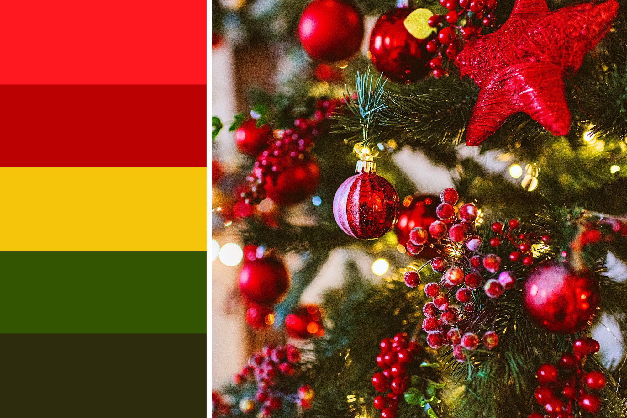close up of red decorations on a christmas tree next to a christmas color palatte inspired by the image