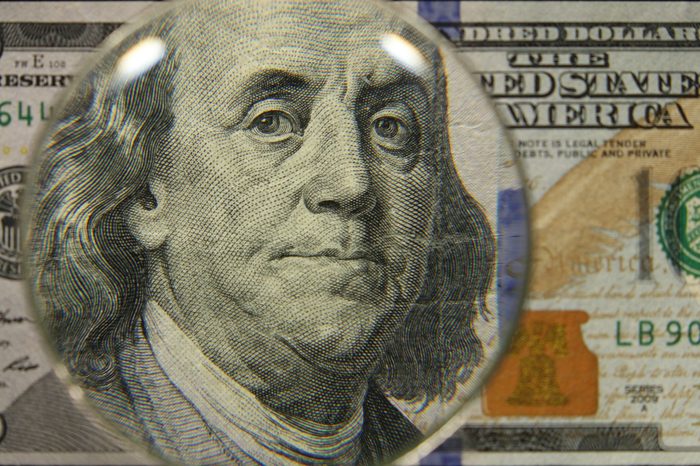 US 100 Obverse Art, Front Lit, Black Background, Magnified, Federal Reserve Note,