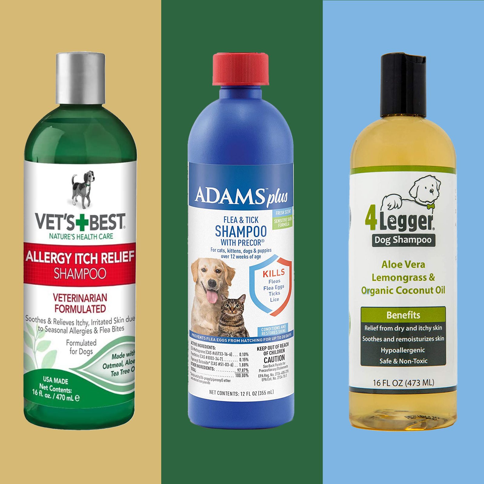 3 Dog shampoos on multicolor background