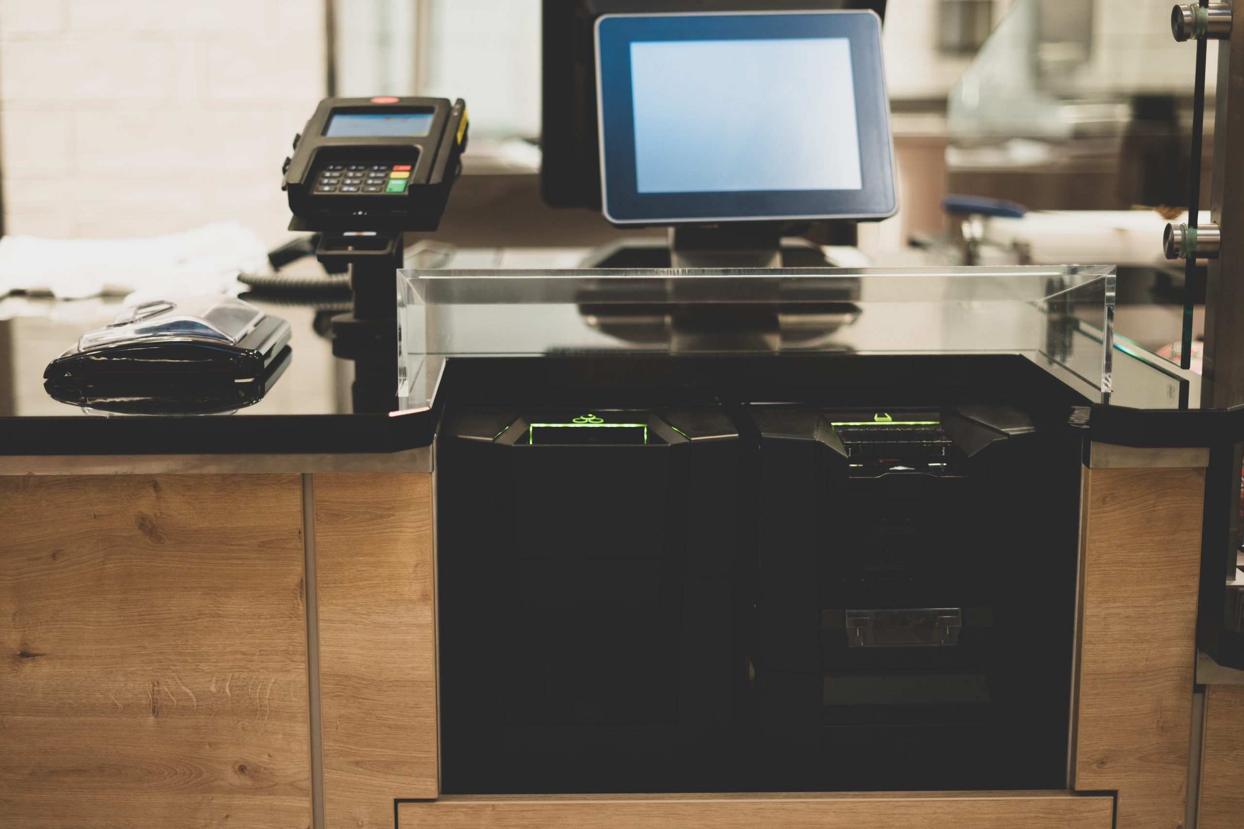 Self-checkout counter in a supermarket. Modern technology in trade. Electronic cashier