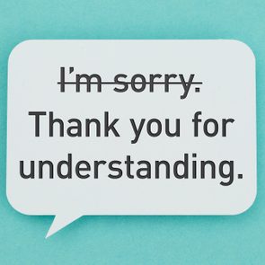 speech bubble with text. crossed out: 
