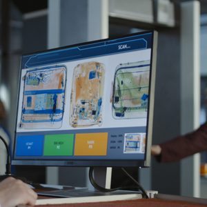 Anonymous man at checkpoint in airport exploring luggage on screen with x-ray.