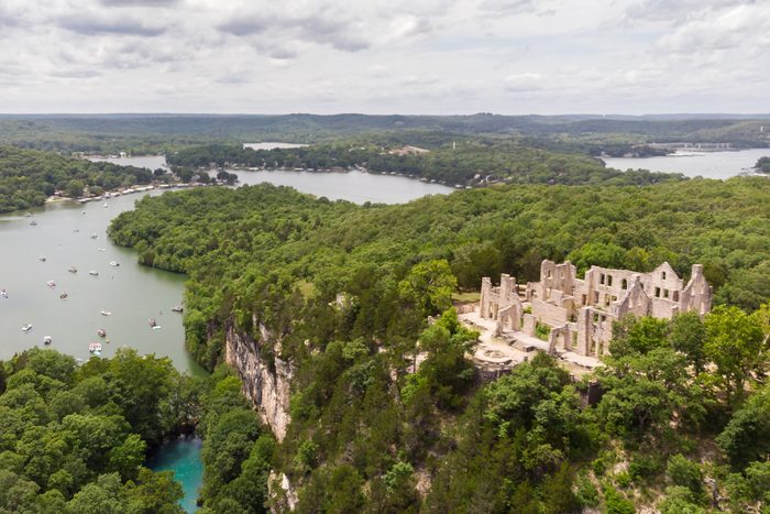 erial photo of Ha Ha Tonka State Park at the Lake of the Ozarks, Missouri