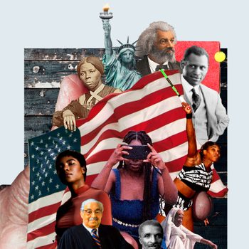 collage of famous black americans throughout history and the american flag held in the palm of a large hand