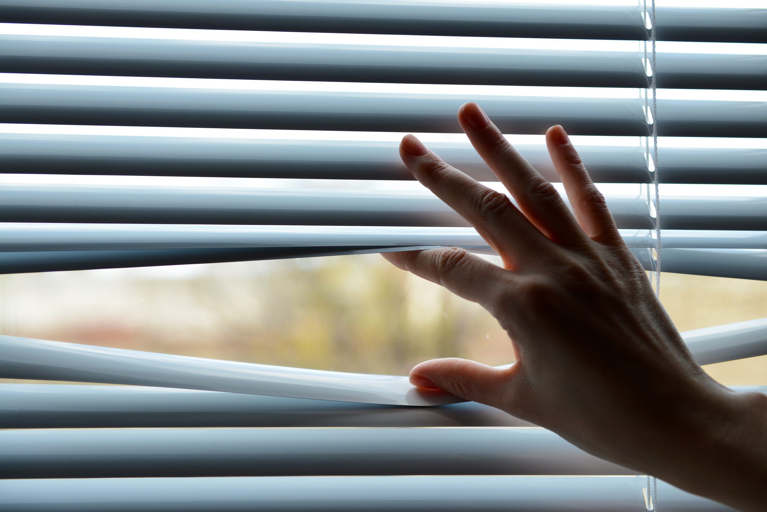 Female hand separating slats of venetian blinds with a finger to see through