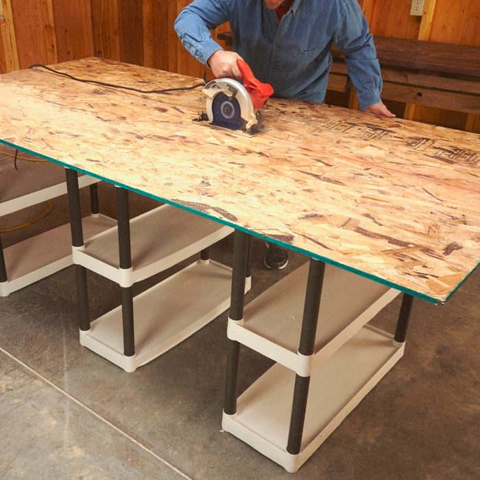plastic shelves as saw horses