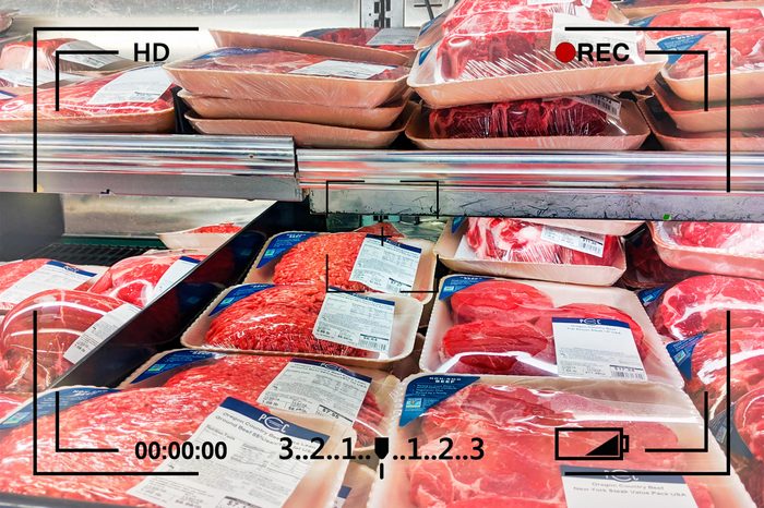 raw meat in the grocery store with camera info overlay