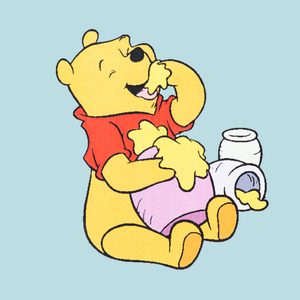 Illustration of winnie the pooh eating honey and smiling