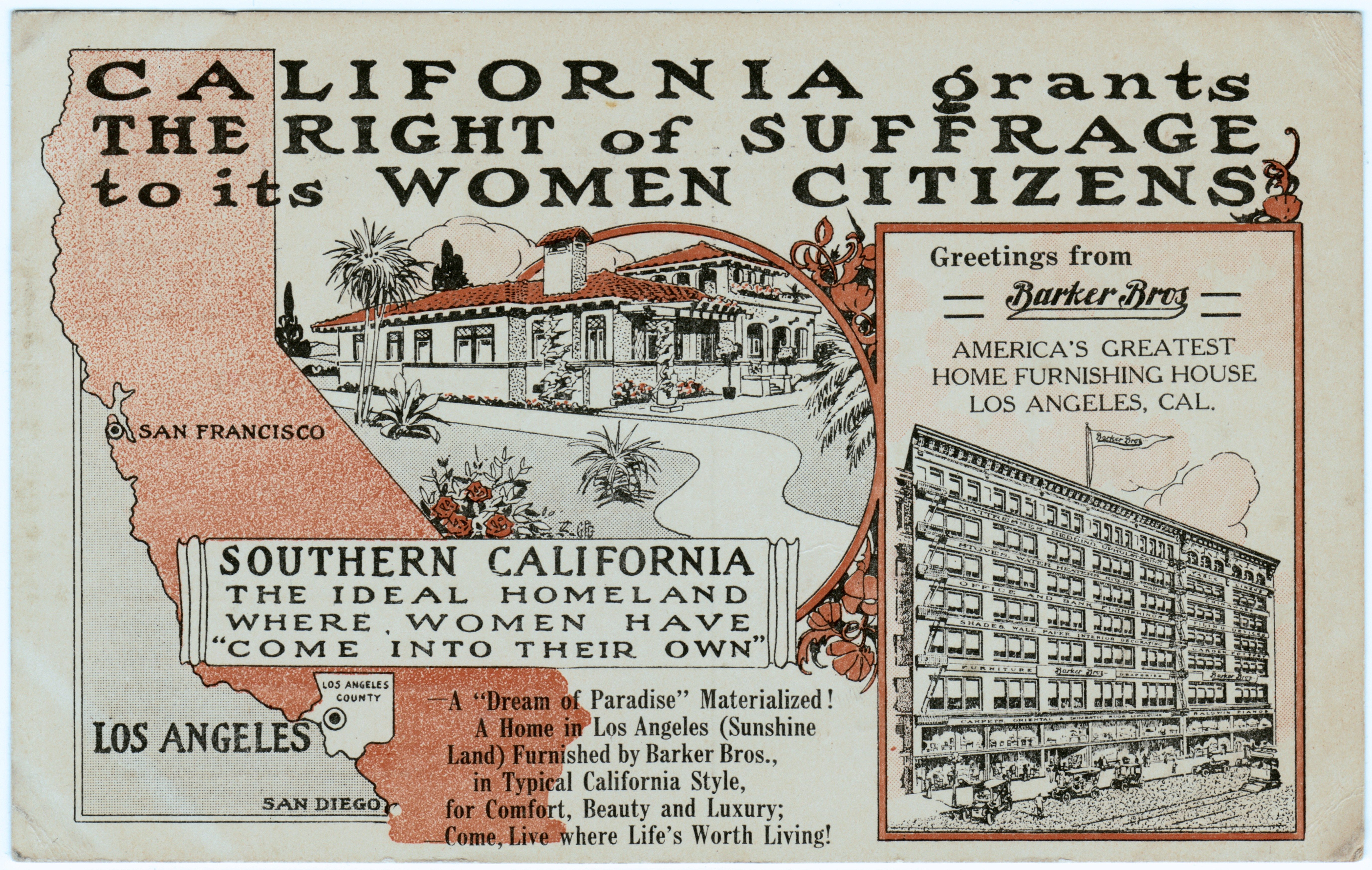 Red, black, and white, postcard, published by the Barker Brothers Home Furnishing Company, celebrating Californian Women gaining full voting rights in 1911, in an attempt to gain additional patrons, published for the American market, 1911.