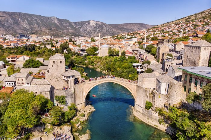 Aerial view of Mostar Bridge