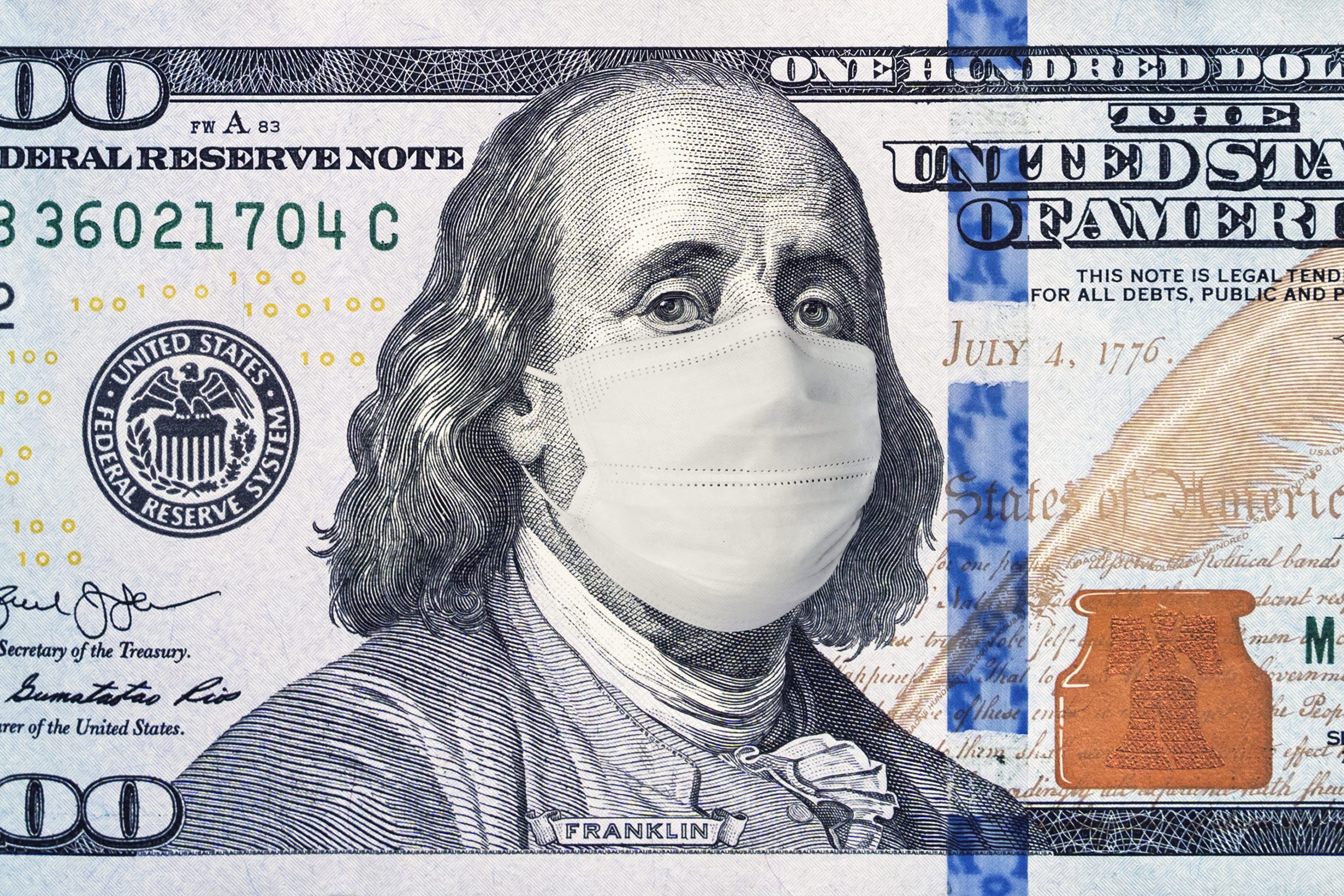 American President with face mask against CoV infection. 100 dollar banknote. Coronavirus in United States. Concept quarantine and recession. Global economy hit by corona virus outbreak and pandemic