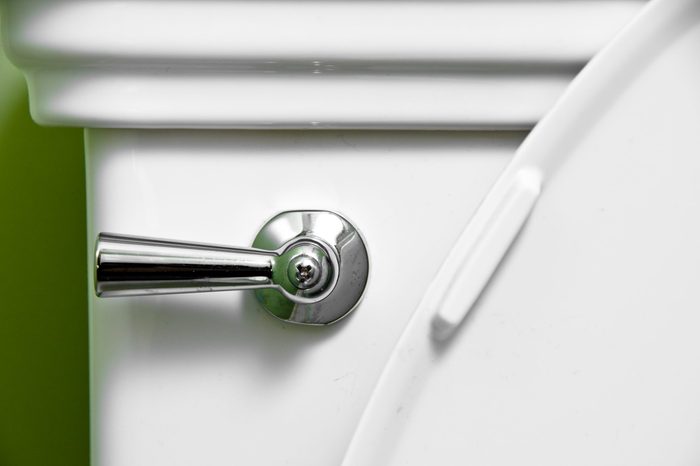 A shiny handle in a white toilet