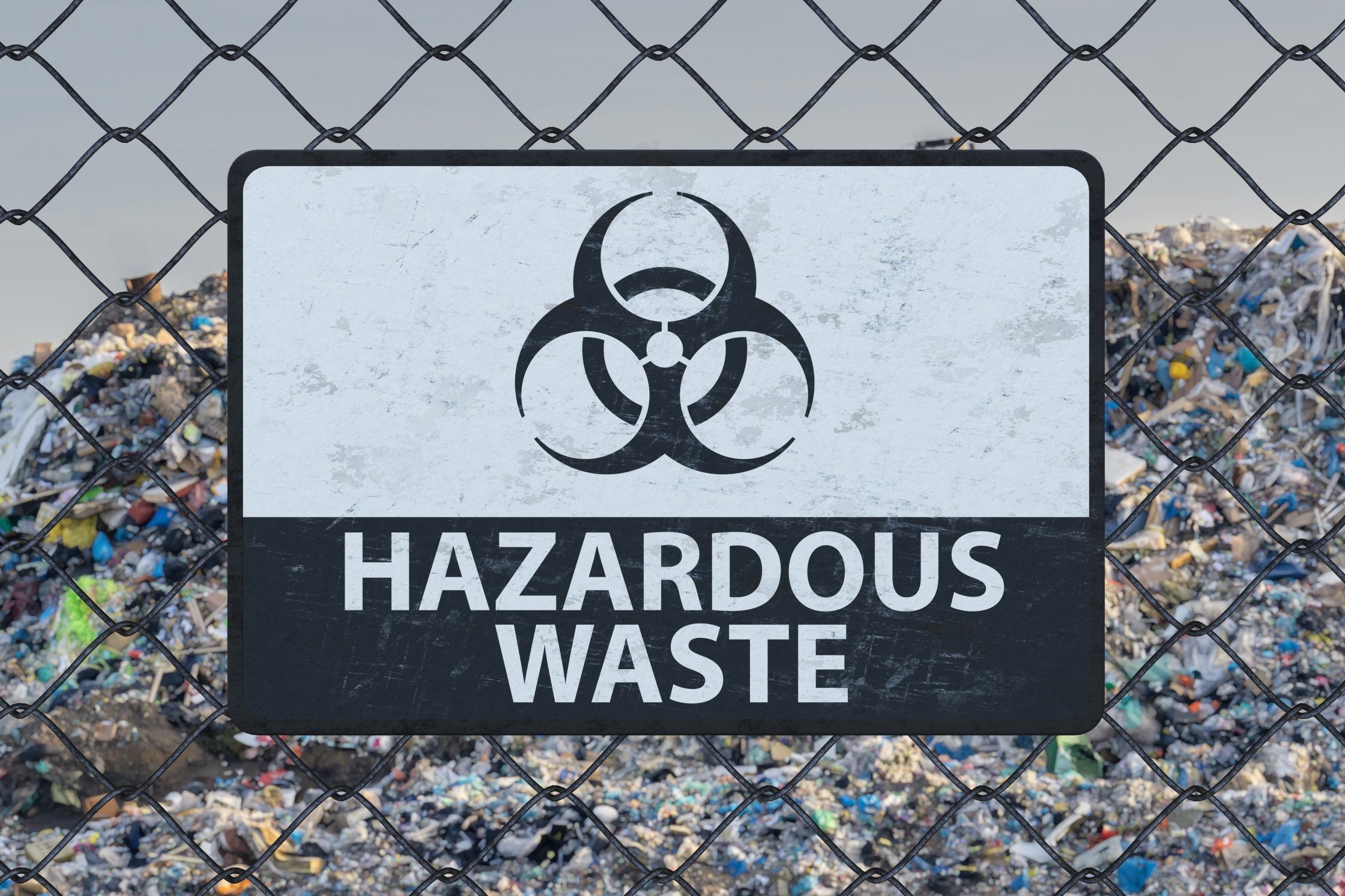 3D rendered illustration of hazardous waste sign on chain link fence. Landfill in background.