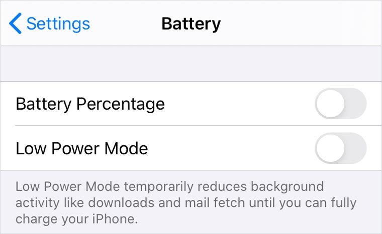 iphone screenshot. low power mode in battery settings.