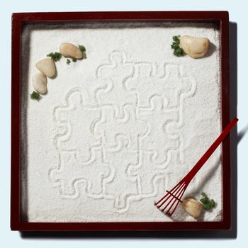 puzzle pieces drawn in a zen garden
