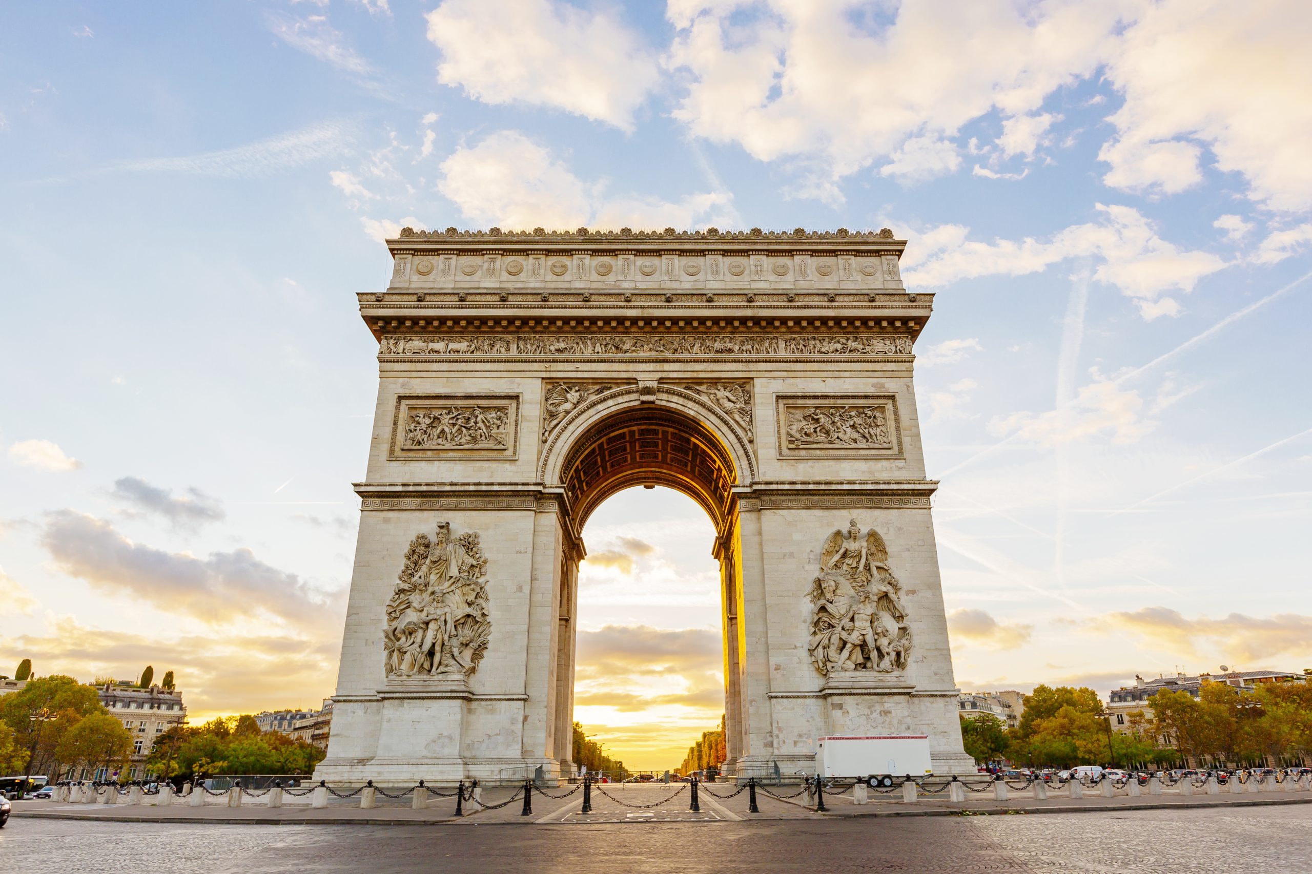 Arc de Triomphe and Champs-Elysees at dawn, Paris, France