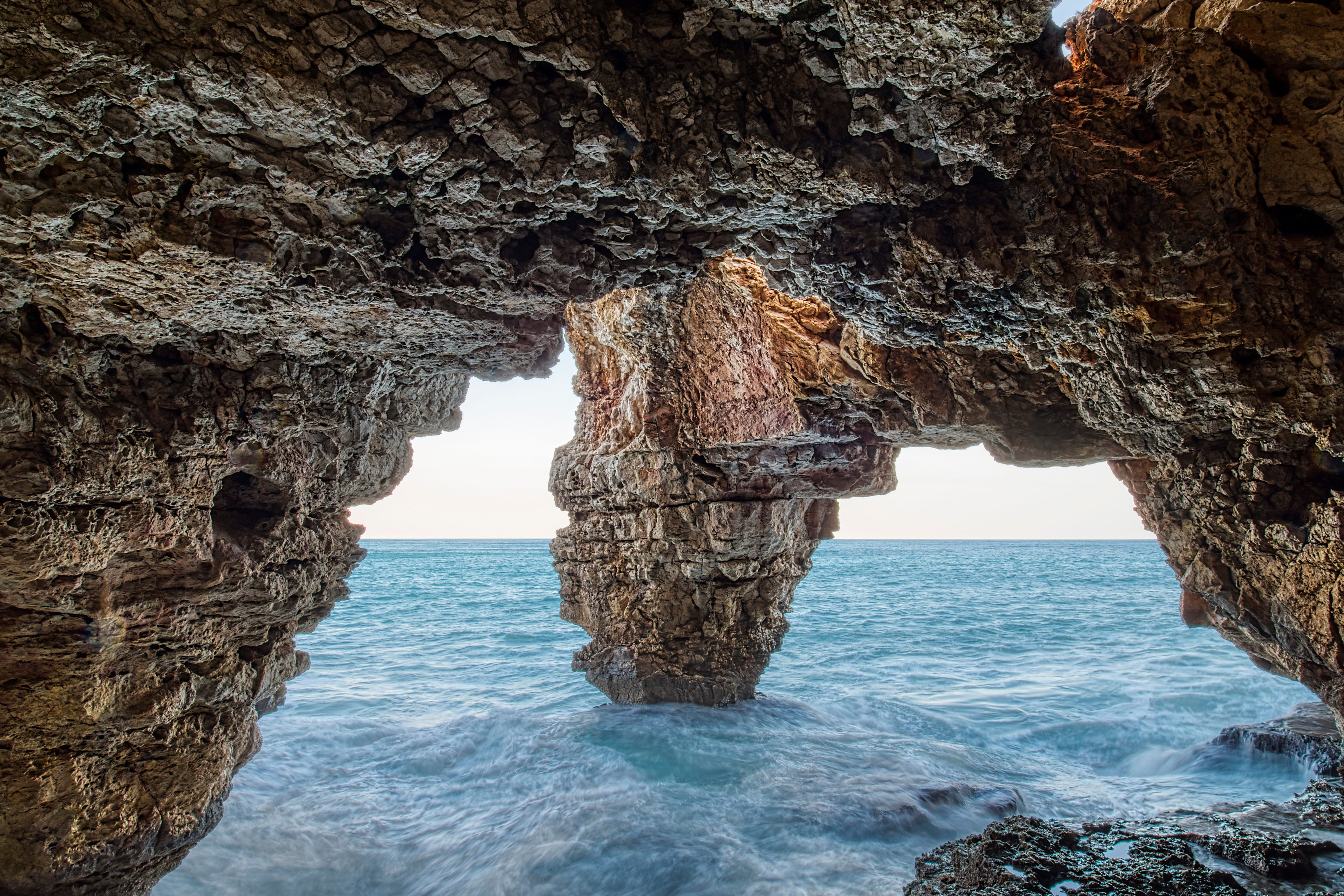 Inside a cave flooded by the sea.