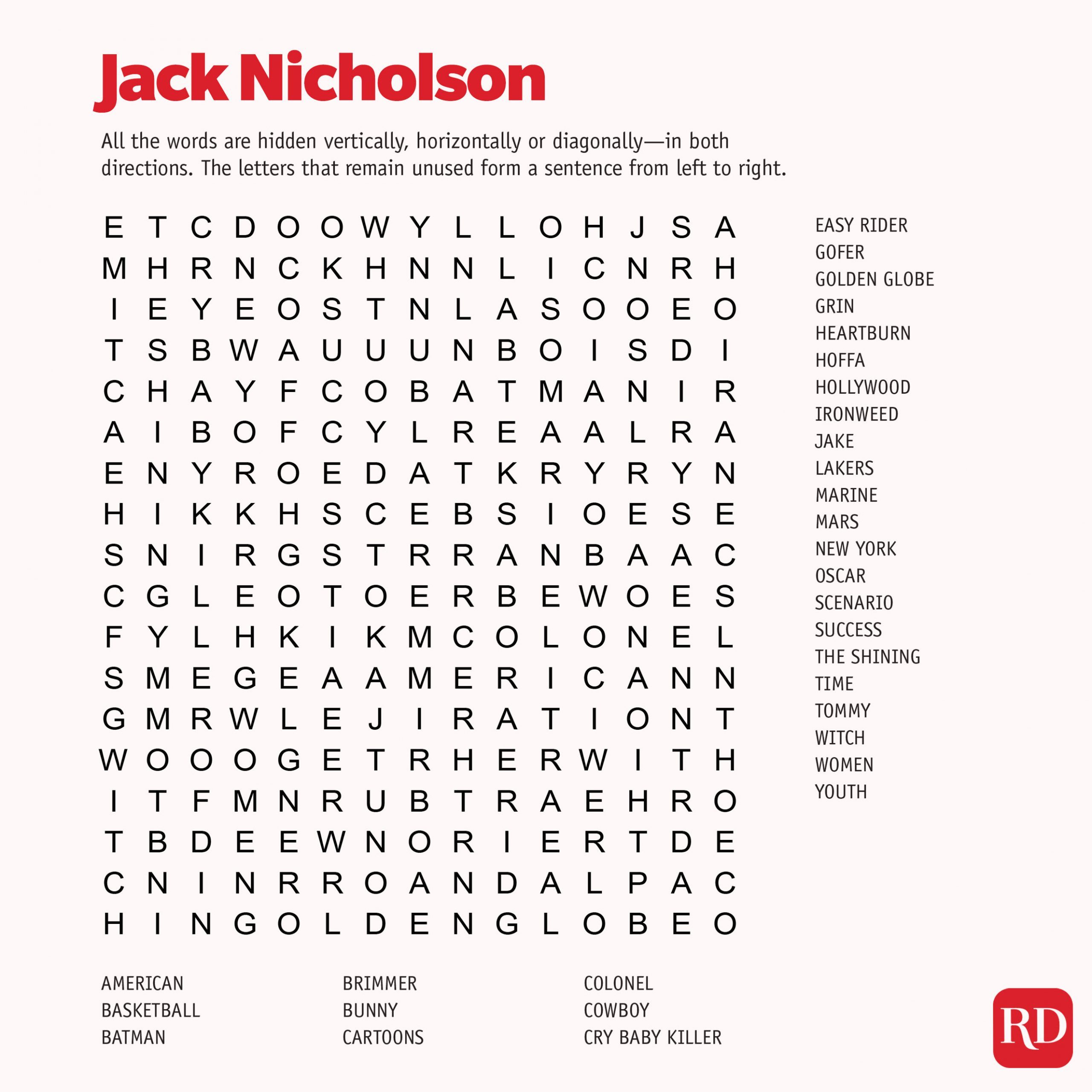 Jack Nicholson Word search