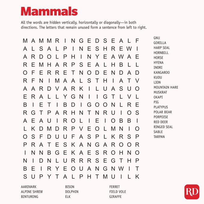 Mammals Word search
