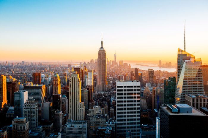 New York cityscape seen from helicopter aerial view, New York State, US