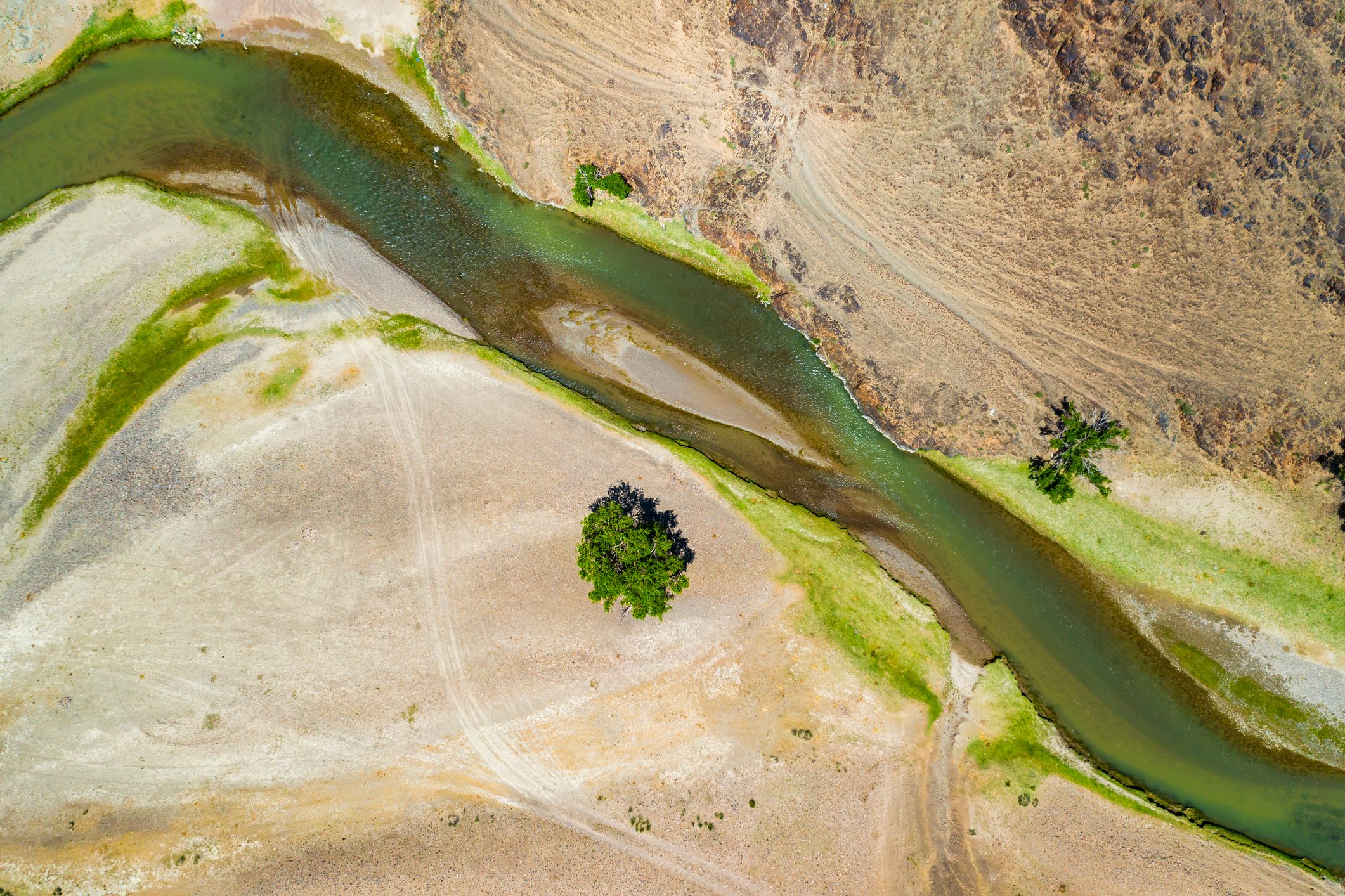 Aerial landscape view of river in Gobi desert, Mongolia